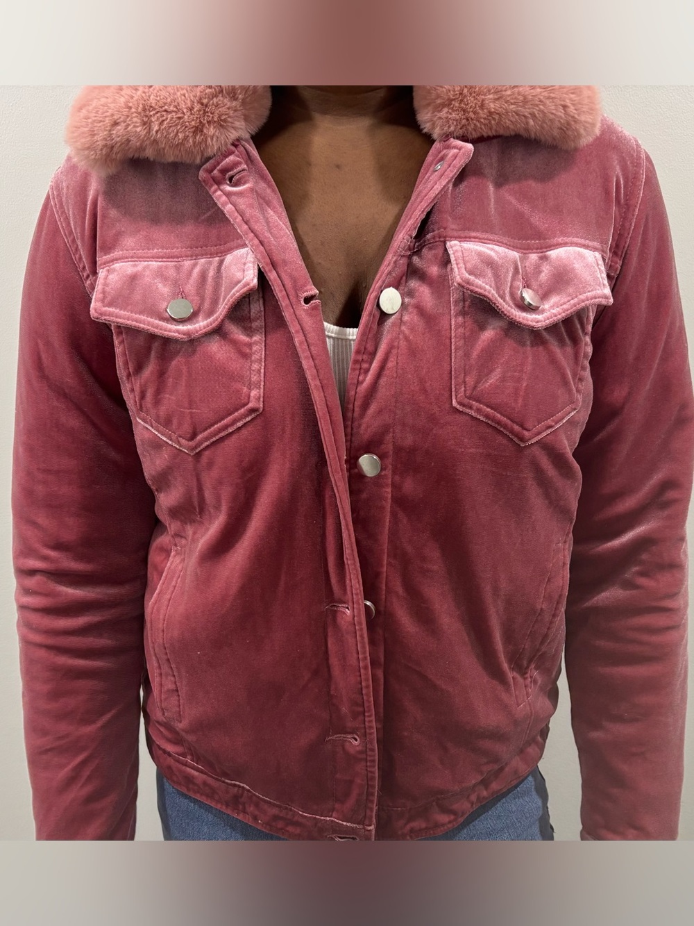Teddy Collar Velvet Jacket in Dusty Rose - Women